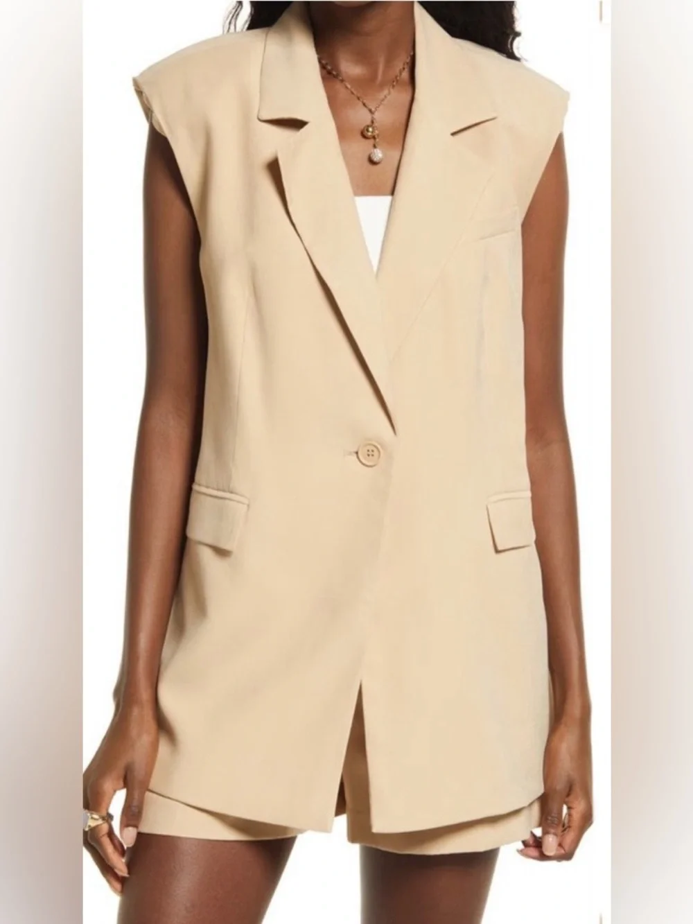 Open Edit Nordstrom Sleeveless Blazer Style Vest with Single Button Closure - Picture 7 of 16